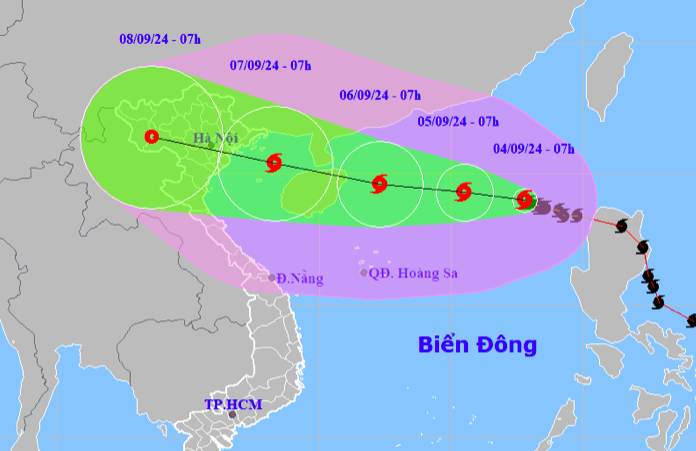 Dự báo hướng đi và vùng ảnh hưởng bão Yagi, sáng 4/9. Ảnh: NCHMF