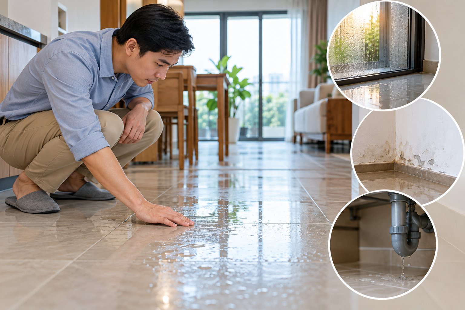Ảnh minh hoạ: Sàn nhà đổ mồ hôi: phân biệt nồm, thấm, rò rỉ